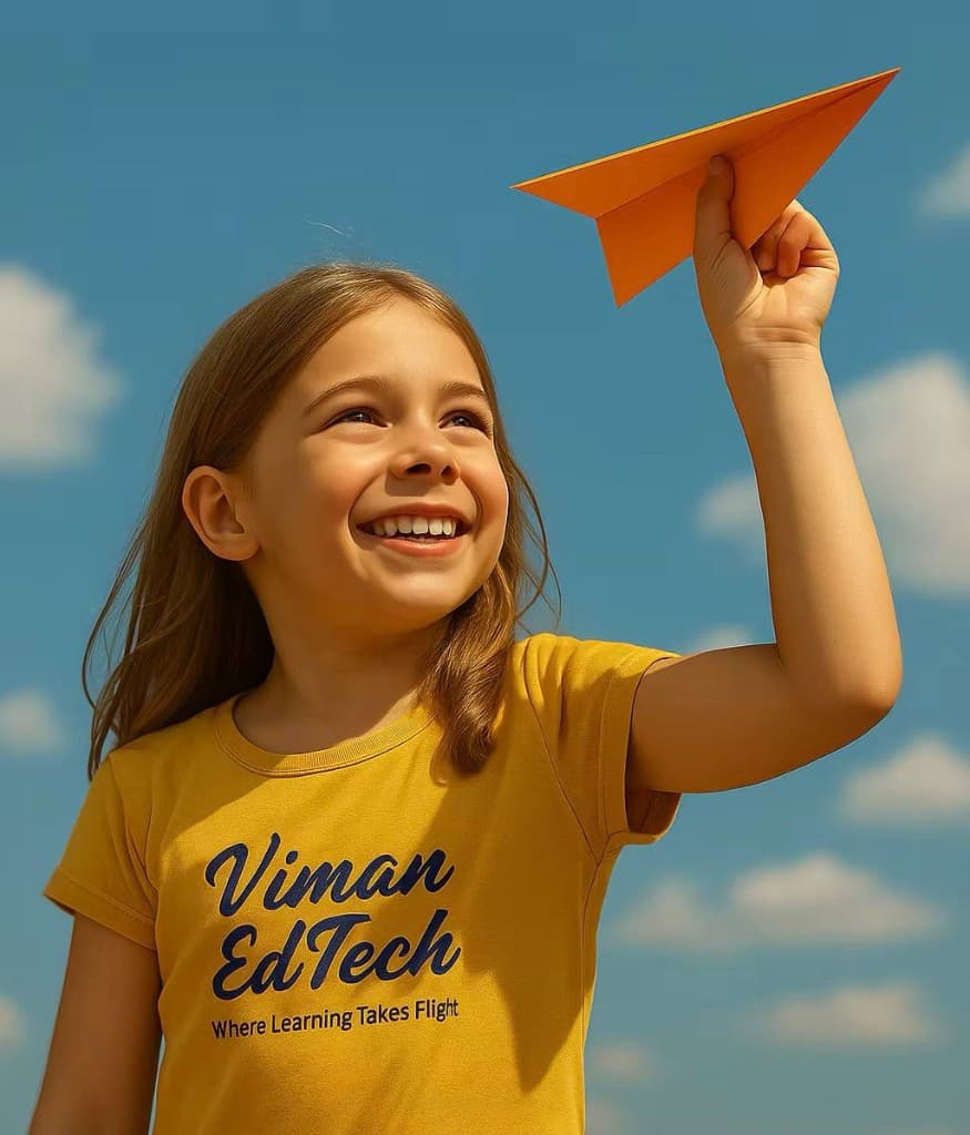 Young girl holding an orange paper airplane against a bright blue sky — Where Learning Takes Flight